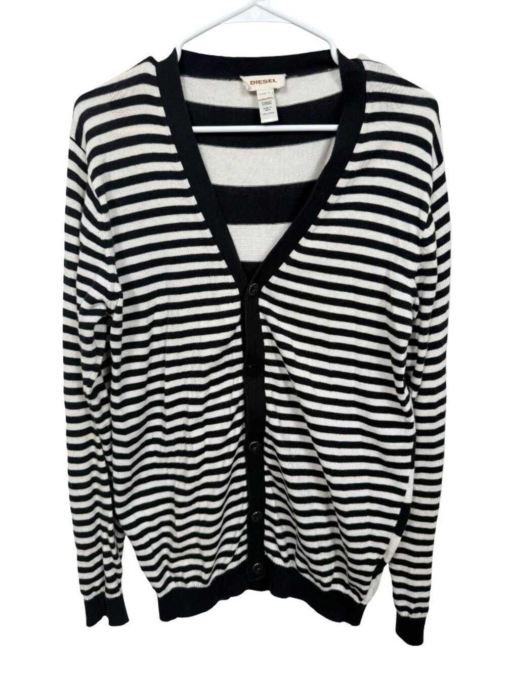 Vintage Diesel Cardigan Mens Large Black White Stripe 100% Cotton Soft Stretch